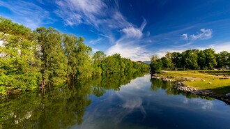 Idyllische Szenerie an der Augartenbucht in Graz mit spiegelndem Wasser und grünem Ufer. | © Graz Tourismus - Harry Schiffer