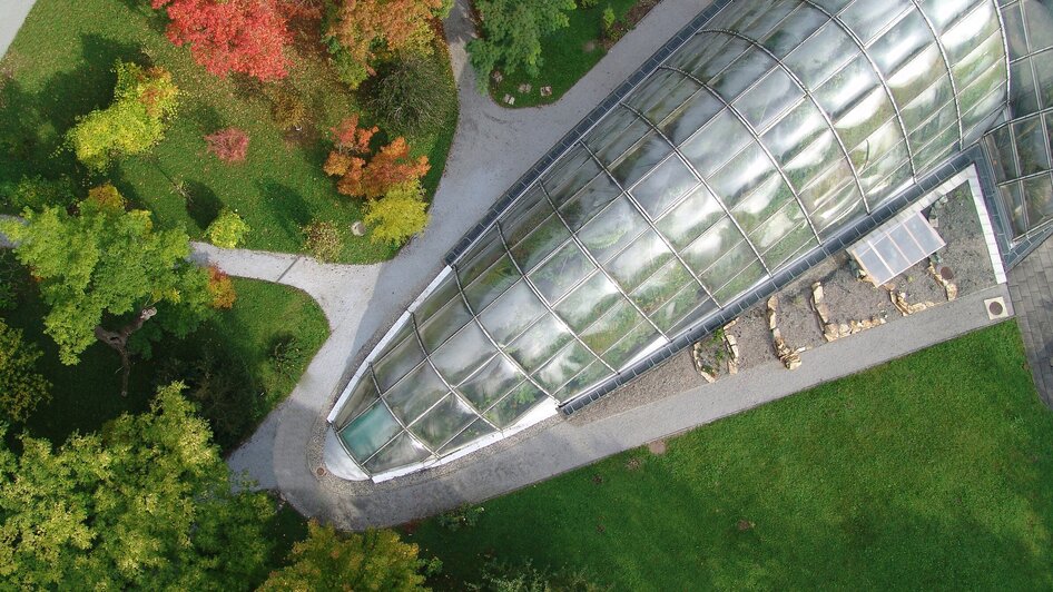 Luftaufnahme des Botanischen Gartens in Graz mit bunten Bäumen.