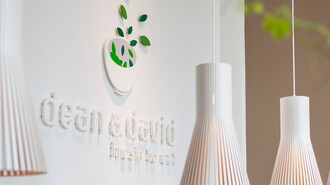 Logo von dean&david mit hängenden Lampen in einem modernen Ambiente. | © dean&david