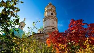 Der Grazer Dom vor blauem Himmel und bunter Herbstvegetation. | © Graz Tourismus - Harry Schiffer