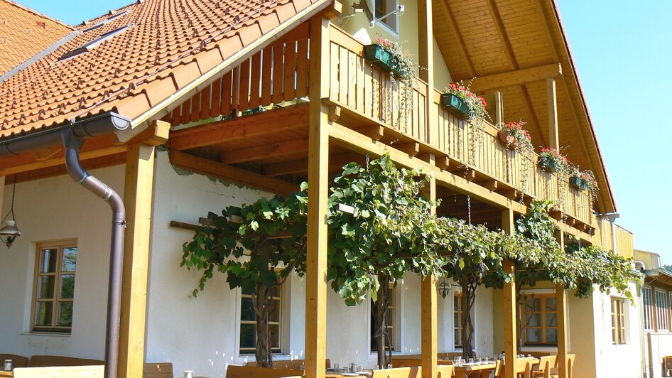 Helles Gebäude mit Überdachung, Tischen und Weinreben. | © Sattler