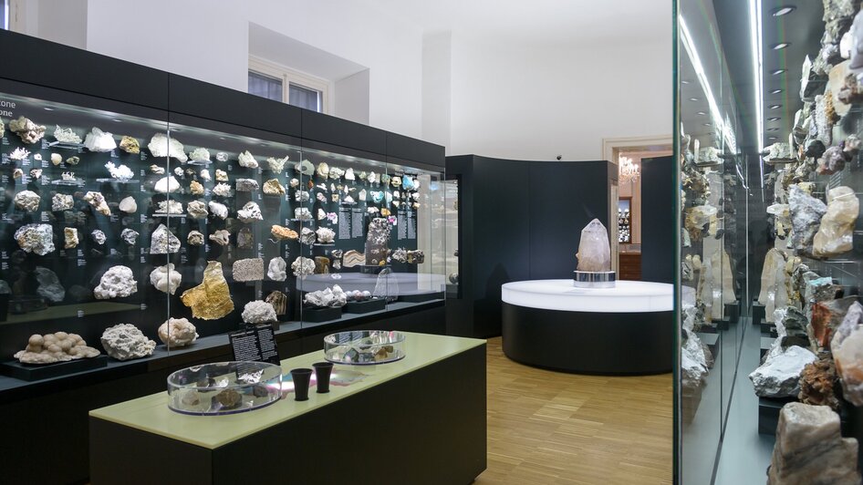Ausstellung im Naturkundemuseum mit verschiedenen Mineralien und Steinen.