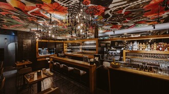 Moderne Bar mit lebhaftem Deckenmuster und eleganten Möbeln. | © Joel Kernasenko