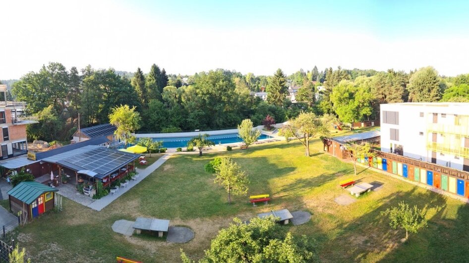 Panoramablick auf das Ragnitzbad mit Garten und Pool.